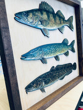 Load image into Gallery viewer, Wooden fish wall art with Walleye, Northern Pike, and Burbot.
